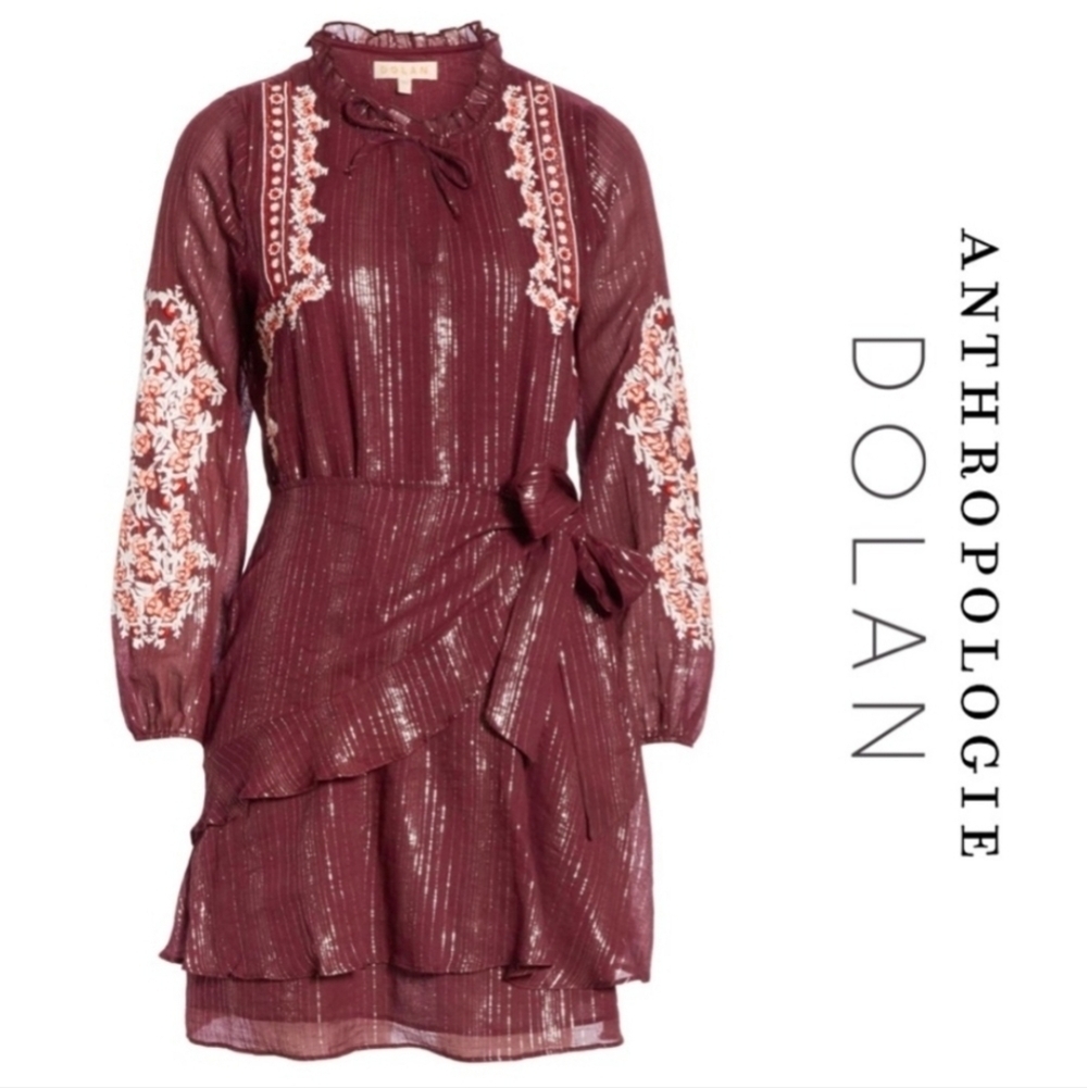 NWT Anthropologie Dolan Burgundy Metallic Amber Embroidered Dress Size Large